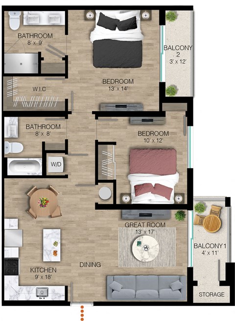 Floor plan for 2 beds, 2 baths, 1174 sqft